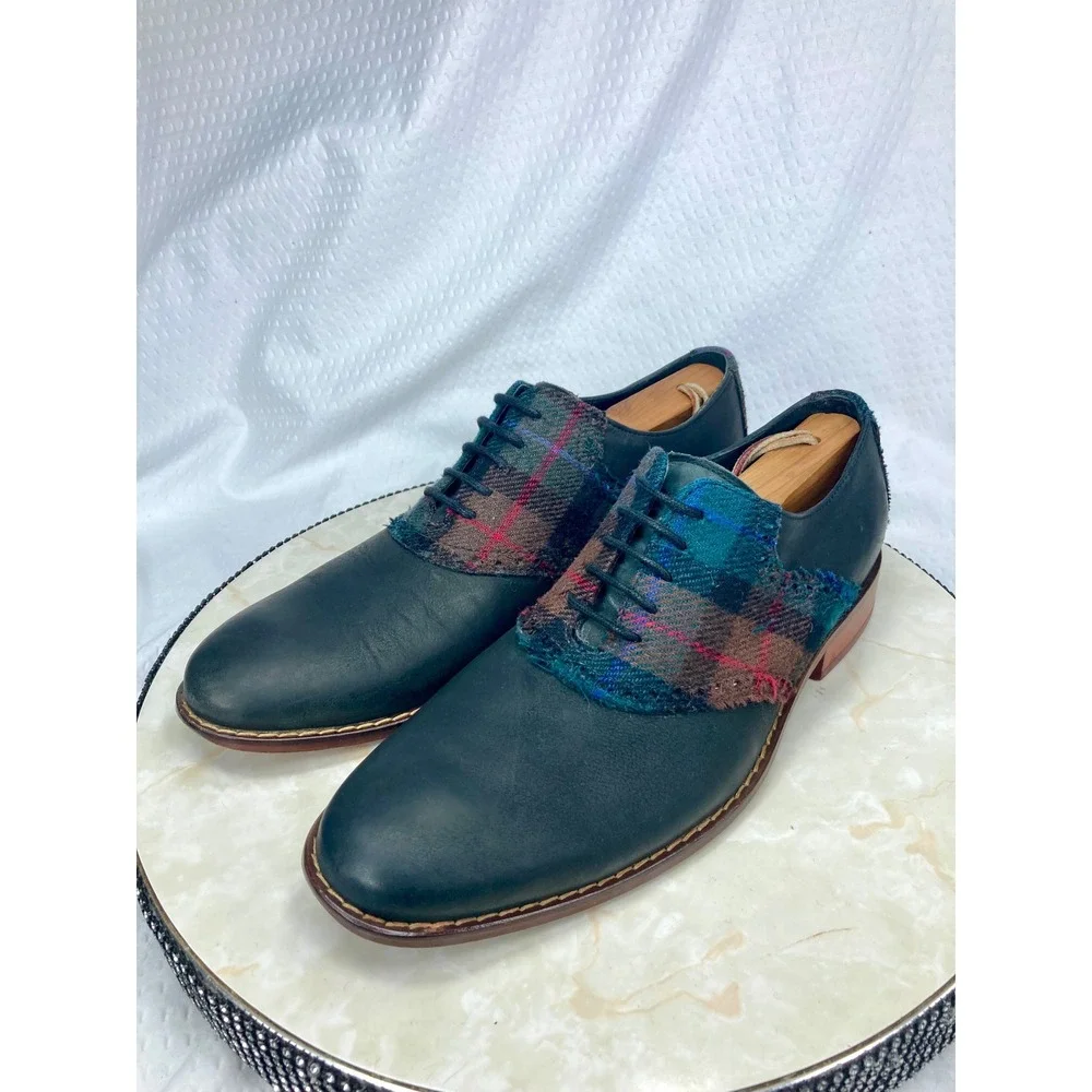 Cole Haan Plaid Wool Leather Oxford Dress Shoes Mens 8.5 Navy Academia Preppy